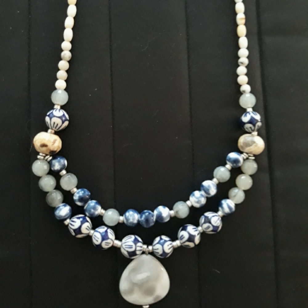 Artisan Double Strand Delft Bead Necklace with Stone Pendant